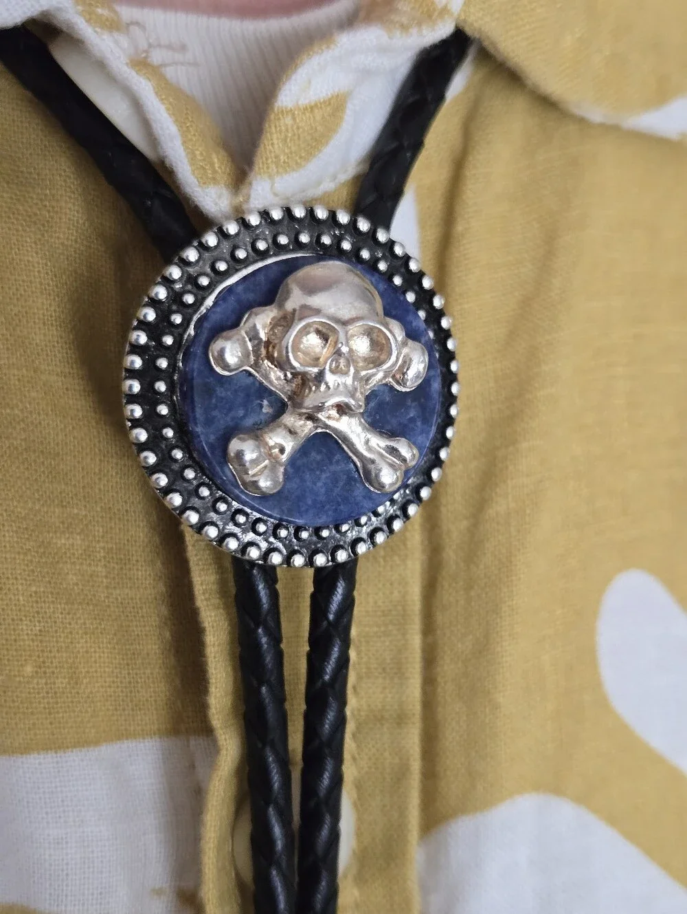 Lapis Silver Skull Western Bolo Tie Punk Pirate Goth Leather Braid Rockstar 70s
